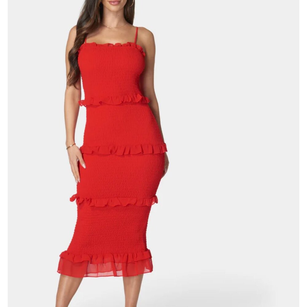 bebe Fiery Red Georgette Smocked Midi Dress